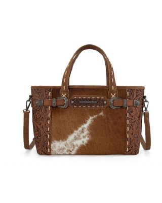 TR199-8122BR Trinity Ranch Genuine Hair-On Cowhide Tooled Tote/Crossbody