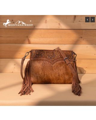 TR200-1814 BR Trinity Ranch Floral Tooled Hair-On Cowhide Crossbody
