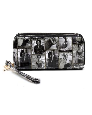 W02PQS-BK Magazine Cover Collage Large Tri-fold Clutch Wallet