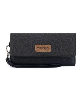 WG196-W056 BK Wrangler Western Floral Tooled Tri-fold RFID Wallet