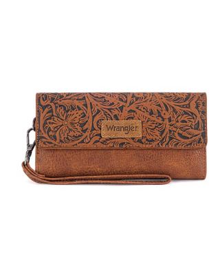 WG196-W056 BR Wrangler Western Floral Tooled Tri-fold RFID Wallet