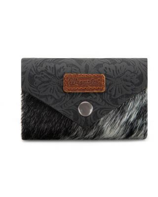 WG224-W070 BK Wrangler Genuine Hair-On Cowhide Floral Tooled Wallet