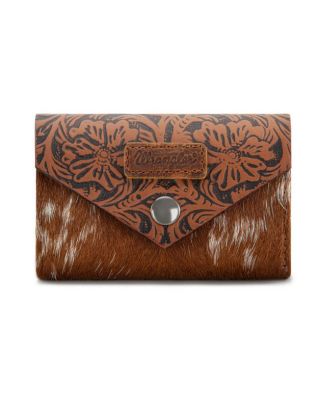 WG224-W070 BR Wrangler Genuine Hair-On Cowhide Floral Tooled Wallet