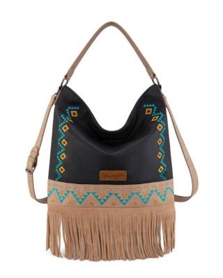 WG233-2001 BK Wrangler Aztec Embroidered Fringe Large Hobo/Crossbody BaACK