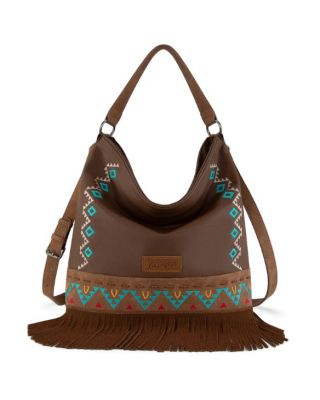 WG233-2001 BR Wrangler Aztec Embroidered Fringe Large Hobo/Crossbody