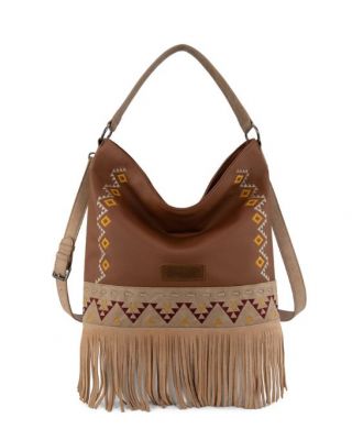 WG233-2001 LBR Wrangler Aztec Embroidered Fringe Large Hobo/Crossbody