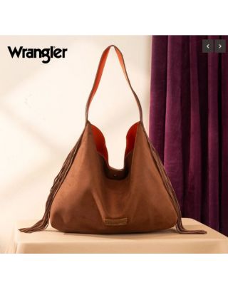 WG239-9182 BR Wrangler Fringe Floral Tooled Hobo Bag