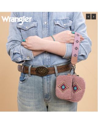 WG263-W077DPK Wrangler Sherpa Embroidered Aztec Dual Pouch Wristlet