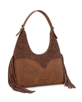 WG265-3027 BR Wrangler Fringe Floral Tooled Hobo Bag
