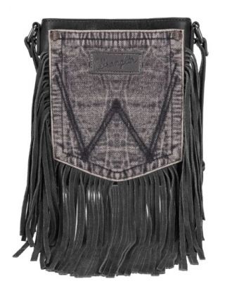 WG44-8360 LBK Wrangler Leather Fringe Jean Denim Pocket Crossbody