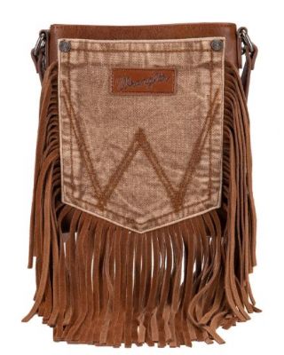 WG44-8360 LBR Wrangler Leather Fringe Jean Denim Pocket Crossbody