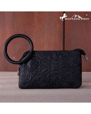 MW1260-B181 BK  Montana West Floral Tooled Ring Handle Wristlet Clutch Bag