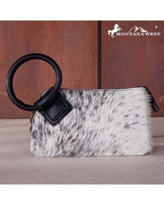 MW1260-A181 BK Montana West Genuine Hair-On Cowhide Ring Handle Wristlet Clutch Bag